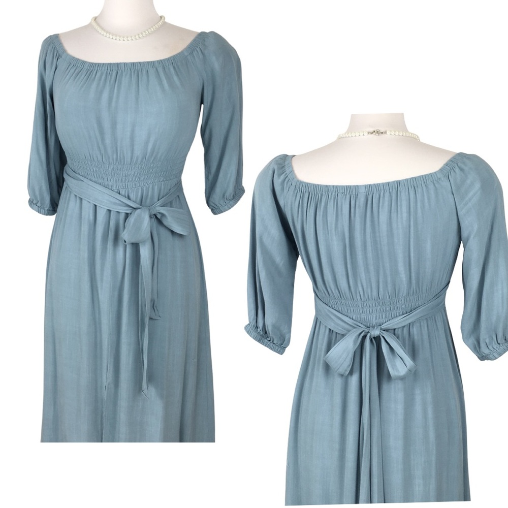 Forever 21 Chambray Blue Off Shoulder 3/4 Sleeve Smocked Waist Maxi Dress Small - Picture 11 of 13